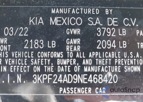 2022 Kia Forte Lxs z USA, uszkodzony, nr VIN 3KPF24AD9NE468420